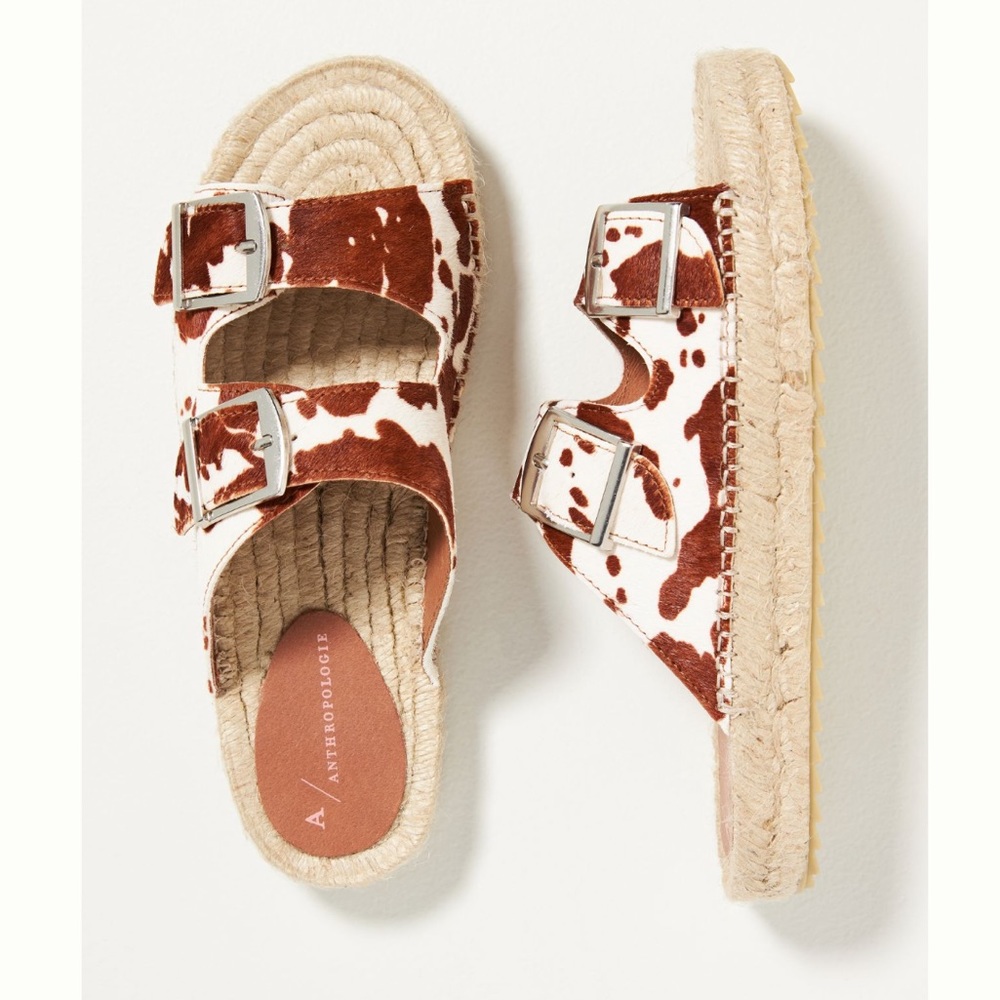 Anthropologie Double Buckle Cow Print Espadrille Sandals Size 39 - Picture 1 of 12